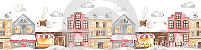 Watercolor seamless border with winter european city, amsterdam houses, street Stock Photo
