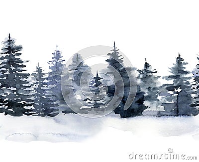 Watercolor seamless border with winter forest. Hand painted foggy fir trees illustration isolated on white background Cartoon Illustration