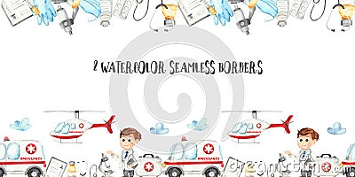 Watercolor seamless borders with ambulance, doctor, medical instruments and medicines Stock Photo