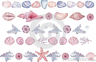 Watercolor seamless borders with seashells, pebbles, starfish and seaweed. Long marine headers set Stock Photo