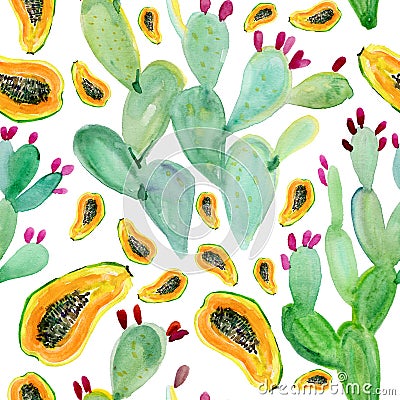 Watercolor seamless cactus pattern background Stock Photo