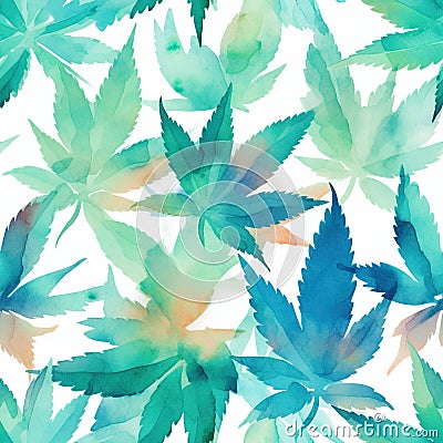 Watercolor seamless cannabis, marijuana leaves. Digital Wall Tile Decor For Home. Generative AI Stock Photo
