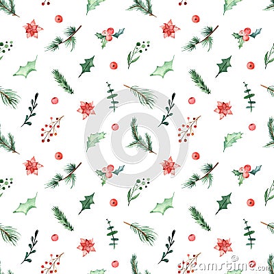 Watercolor seamless Christmas pattern with holly, berries, branches of spruce, pine, holly flower, leaves on a white background Stock Photo