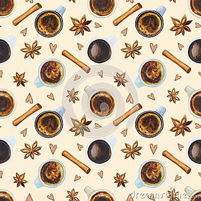 Watercolor seamless coffee break pattern Stock Photo