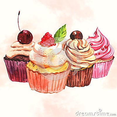 Watercolor seamless cupcake background Stock Photo