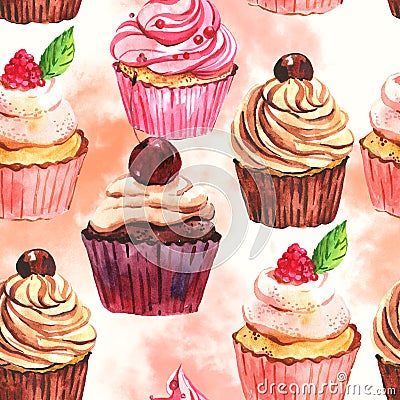 Watercolor seamless cupcake background Stock Photo