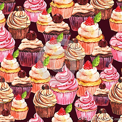 Watercolor seamless cupcake background Stock Photo