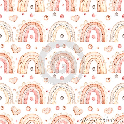 Watercolor seamless cute beige and pink cartoon rainbows pattern. Nursery background, print for kids. Baby repeat paper Stock Photo