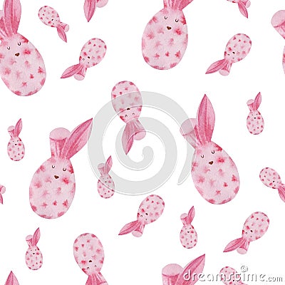 Watercolor seamless Easter pattern with cute bunnies - eggs Stock Photo