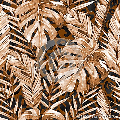 Watercolor seamless exotic pattern with palm leaves and animal pattern. Allover print with tropical wild for the textile fabric Stock Photo