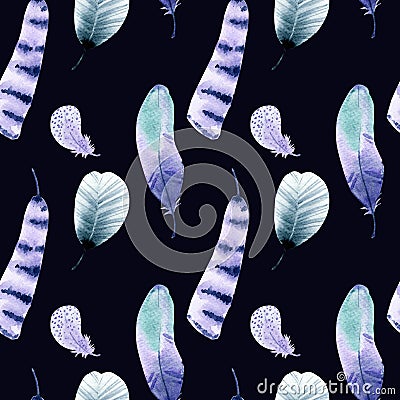 Watercolor seamless feather pattern on black background Stock Photo