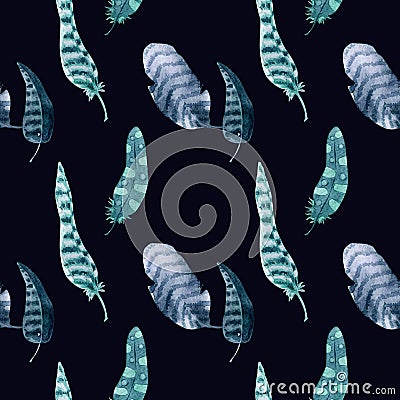 Watercolor seamless feather pattern on dark background Stock Photo