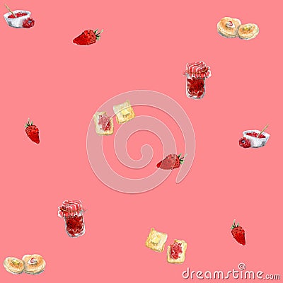 Watercolor seamless food illustration pattern. Breakfast items, jam, toast, pancakes, isolated on a pink background. Perfect for Cartoon Illustration