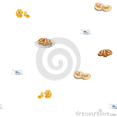 Watercolor seamless food illustration pattern. Breakfast items, mug, bakery, tangerine, pancakes, isolated on a white background Cartoon Illustration