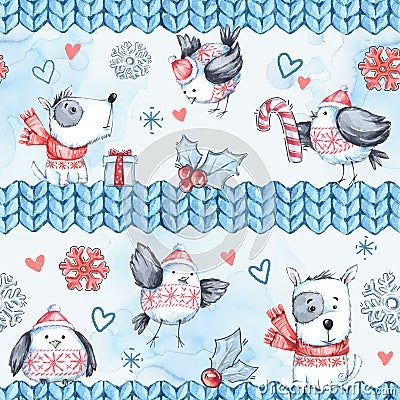 Watercolor seamless greeting pattern with cute flying birds, dogs and knitted borders. New Year. Celebration Cartoon Illustration