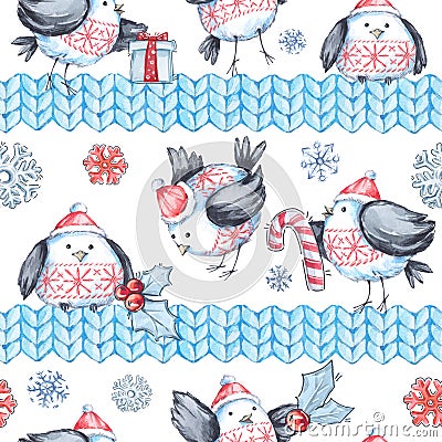 Watercolor seamless greeting pattern with cute flying birds and knitted borders. New Year. Celebration illustration Cartoon Illustration