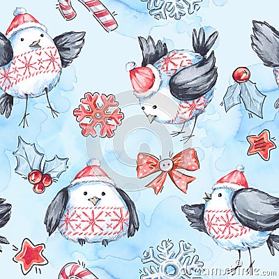 Watercolor seamless greeting pattern with cute flying birds. New Year. Celebration illustration. Merry Christmas. Cartoon Illustration