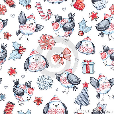 Watercolor seamless greeting pattern with cute flying birds. New Year. Celebration illustration. Merry Christmas. Cartoon Illustration