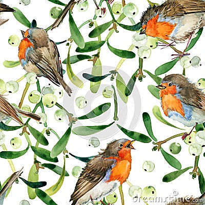 Watercolor seamless greeting pattern with cute Robin birds and mistletoe berry. New Year. Celebration illustration. Merry Christma Cartoon Illustration