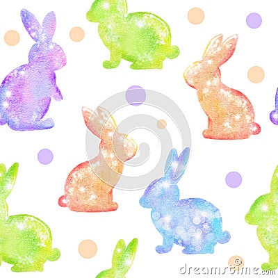 Watercolor seamless hand drawn pattern with Easter eggs bunnies on glitter shimmer shiny texture, magic mystic crystals Stock Photo