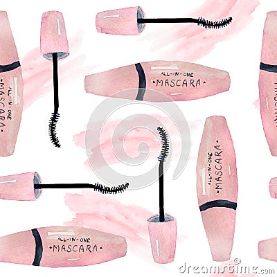 Watercolor seamless hand drawn pattern with girl woman mascara tube for eye lashes. Design with cosmetics, skin care Stock Photo