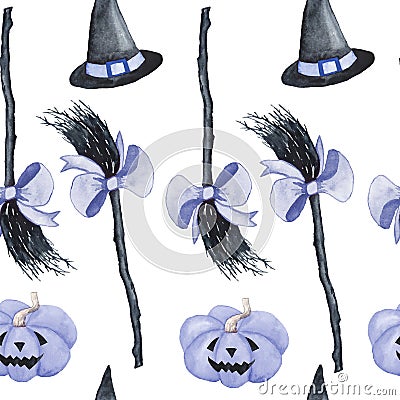 Watercolor seamless hand drawn pattern illustration with witch black broom hat. For Halloween decor wallpaper fabric Cartoon Illustration