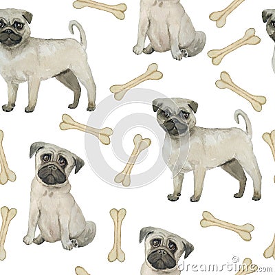 Watercolor seamless hand drawn pattern with pugs dogs breed isolated on white background. Funny cute cartoon pet animals Stock Photo