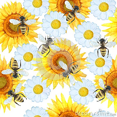 Watercolor seamless handd rawn pattern with bumble bees, nature natural insects, summer vibes modern design. Honeybees Stock Photo