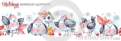 Watercolor seamless horizontal garland. Funny birds, birdhouse, berries, leaves and snowflakes. Cretive New Year Cartoon Illustration