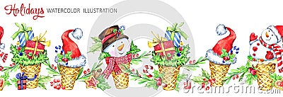 Watercolor seamless horizontal garland. Waffle cone with snowmans, Santa hats and gifts. Funny dessert. Cretive New Year Cartoon Illustration