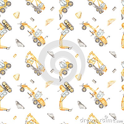 Watercolor seamless multidirectional pattern with construction vehicles, excavator, truck crane, grader, loader on a white Stock Photo