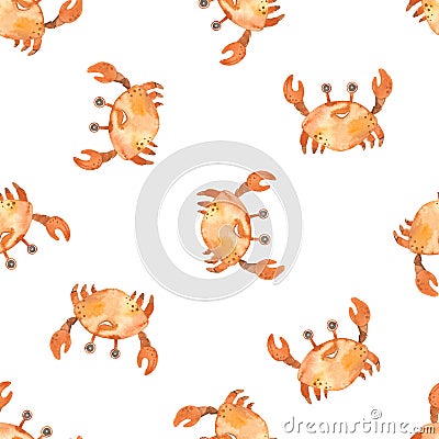 Watercolor seamless multidirectional pattern with cute crabs Cartoon Illustration