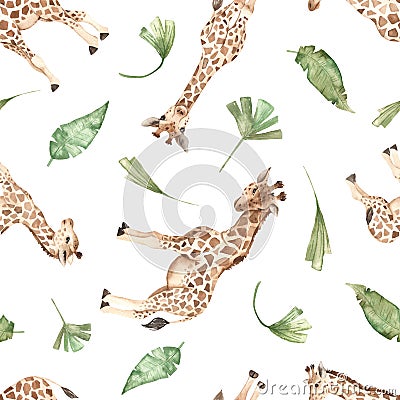 Watercolor seamless multidirectional pattern with cute giraffes and tropical leaves Stock Photo