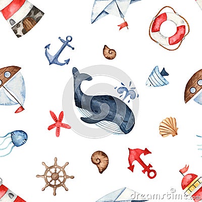 Watercolor seamless multidirectional pattern with lighthouse, whale, anchor, helm, ships Stock Photo