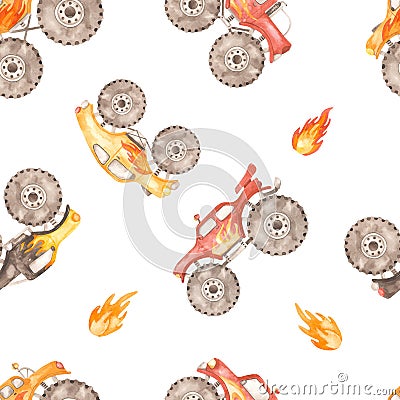 Watercolor seamless multidirectional pattern with monster trucks and fire Stock Photo
