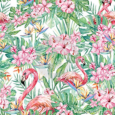 Watercolor seamless patetrn tropical floral and flamingo, colorful exotic summer print Stock Photo