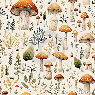 watercolor seamless pattern of abstract mushrooms and plants Stock Photo