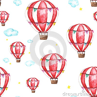 Watercolor seamless pattern with air balloon, clouds and star. abstract pastel Stock Photo