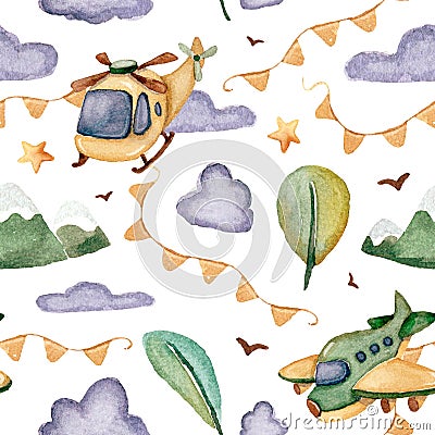Watercolor seamless pattern with airplanes in the sky with clouds stars, over the mountains, trees Stock Photo