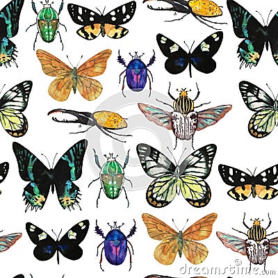 Watercolor seamless pattern with amazing tropical exotic butterflies and beetles. Stock Photo