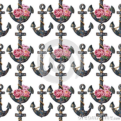 Watercolor seamless pattern with anchors and flowers. Stock Photo