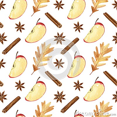 Watercolor seamless pattern with apple slice, oak leaf, star anise, and cinnamon Cartoon Illustration