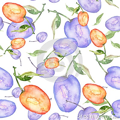 Watercolor seamless pattern. Apricot on a branch. Fruit plum, cherry plum, peach. Beautiful background for fabric, packaging, shaw Stock Photo