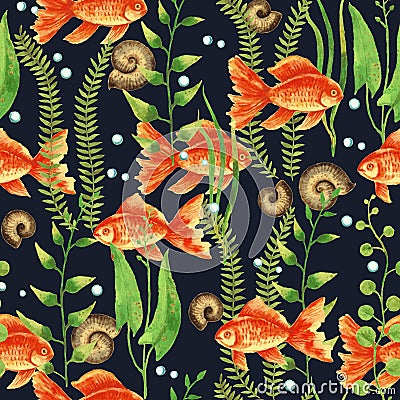 Watercolor seamless pattern with aquarium gold fishes, plants, snail and bubbles. Stock Photo