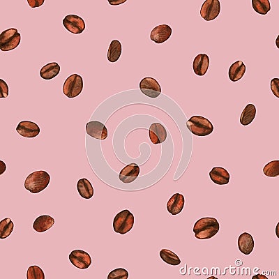 Watercolor seamless pattern of aromatic roasted coffee beans Stock Photo