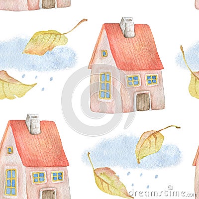 Watercolor seamless pattern with autumn leaves, houses, clouds and rain Stock Photo