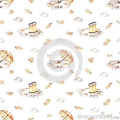 Watercolor seamless pattern with autumn mood, puddles, rubber boots, umbrella, clouds, autumn leaves on a white background Stock Photo