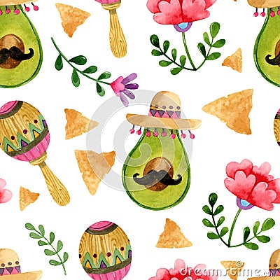 Watercolor avocado Mariachi style, nachos, maracas and flowers seamless pattern Vector Illustration