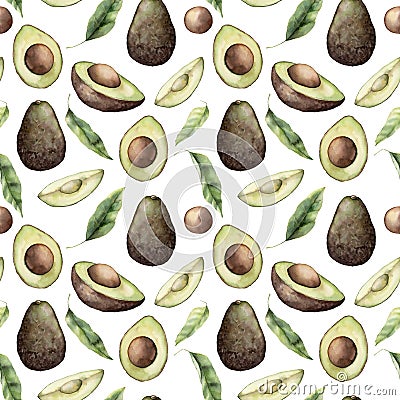 Watercolor seamless pattern with avocado, leaves and slice. Hand painted tropical fruit and leaves isolated on white background. Cartoon Illustration