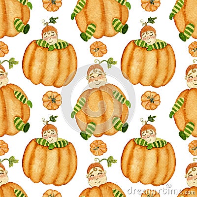 Watercolor seamless pattern, baby in pumpkin costume and little pumpkin on white background. Pattern for autumn products Stock Photo